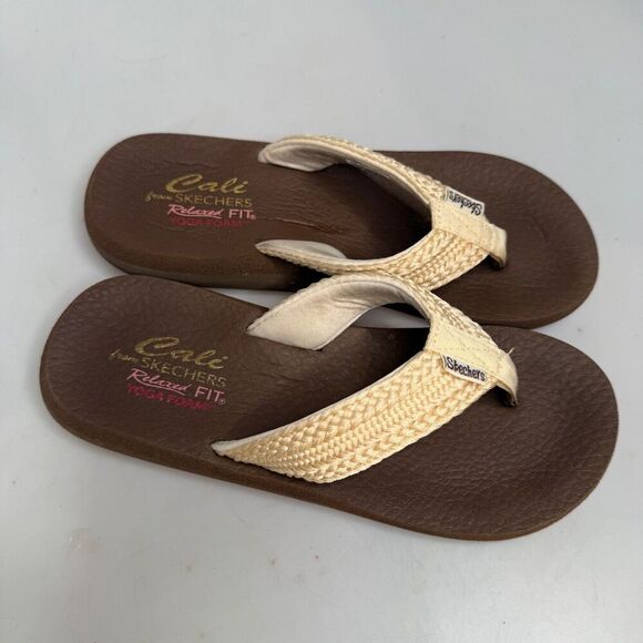 Skechers Cali Asana Women’s US Size 8 Yoga Foam Flip Flops Cream Brown Knit - Picture 8 of 16